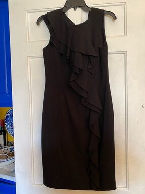 Calvin Klein Black Sleeveless Ruffle Sheath Midi Dress